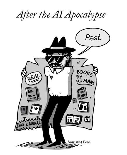 Cartoon by War and Peas, titled "After the AI Apocalypse." A shady figure in a fedora, sunglasses, and moustache opens a trench coat to reveal books pinned inside. The left side reads "REAL" and "100% NATURAL," the right side reads "BOOKS BY HUMANS." The figure whispers, "Psst." Black-and-white illustration on a pavement background.